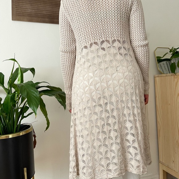 Beige Long Knit Cardigan Boho Tan Crochet Duster - Picture 4 of 6